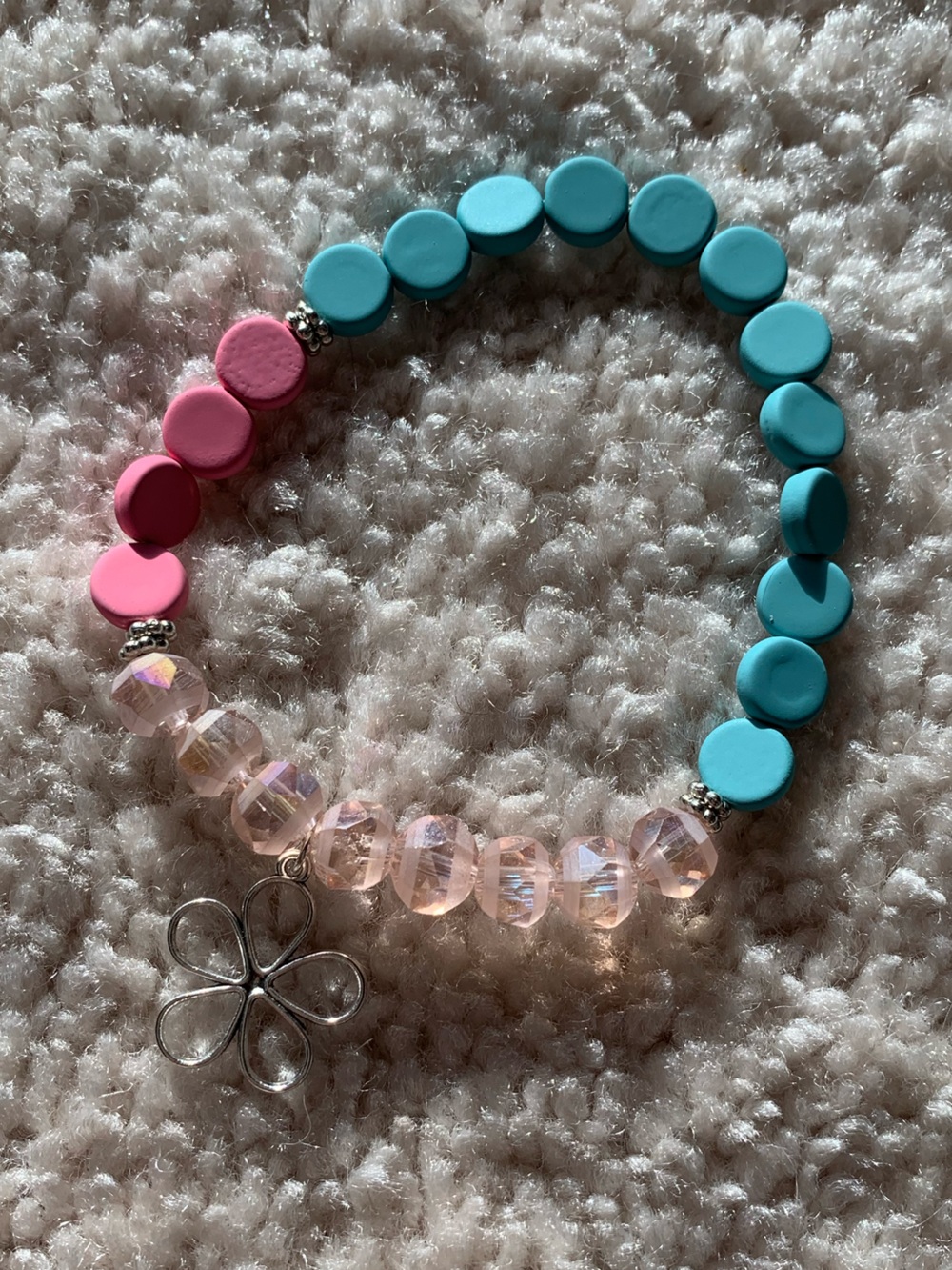 {Handmade} Pink & Turquoise Beaded Bracelet with Flower Charm
